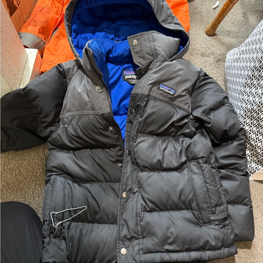 Patagonia Charcoal Puffer Jacket with Royal Blue Interior